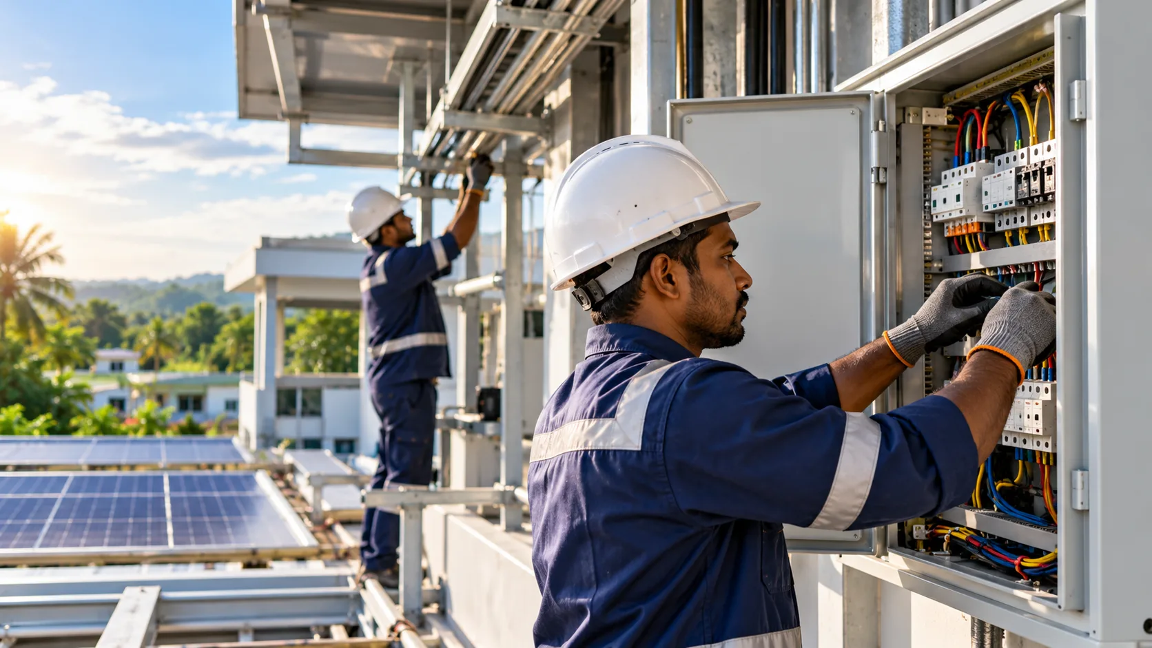 Engineers working on an electrical panel beside solar panels