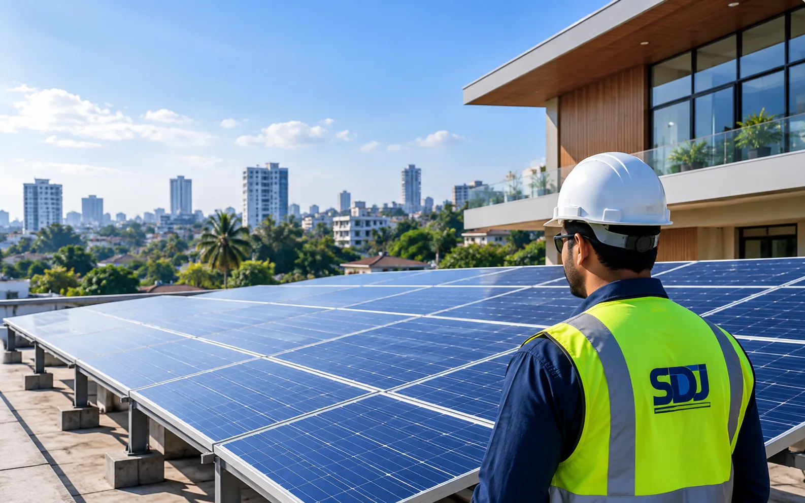 Engineer inspecting rooftop solar panels