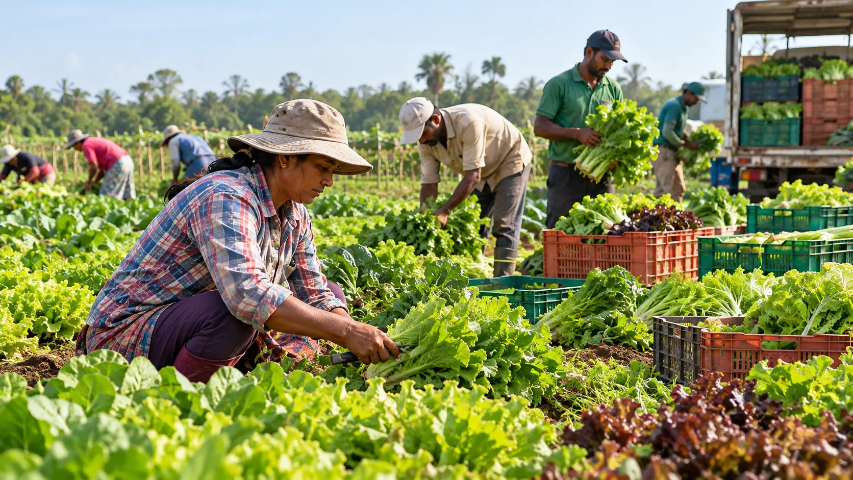 Farmers harvesting fresh lettuce