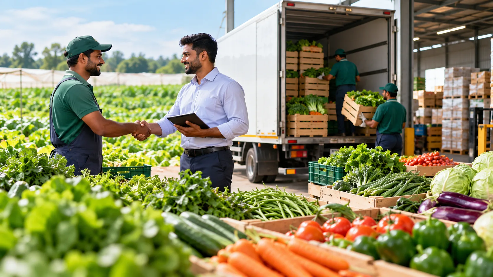 Farm produce being handed over and loaded onto a truck