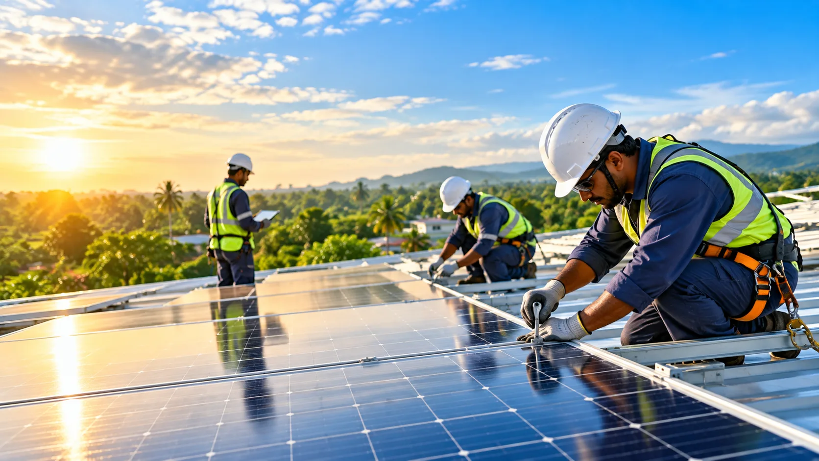 Technicians installing rooftop solar panels at sunset