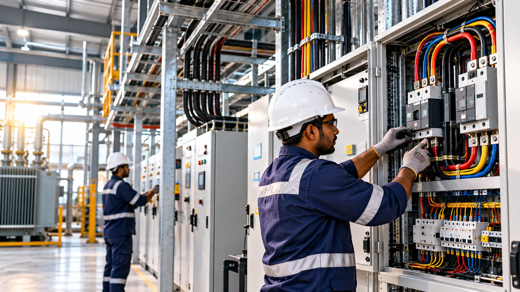 Engineer wiring an industrial electrical distribution panel