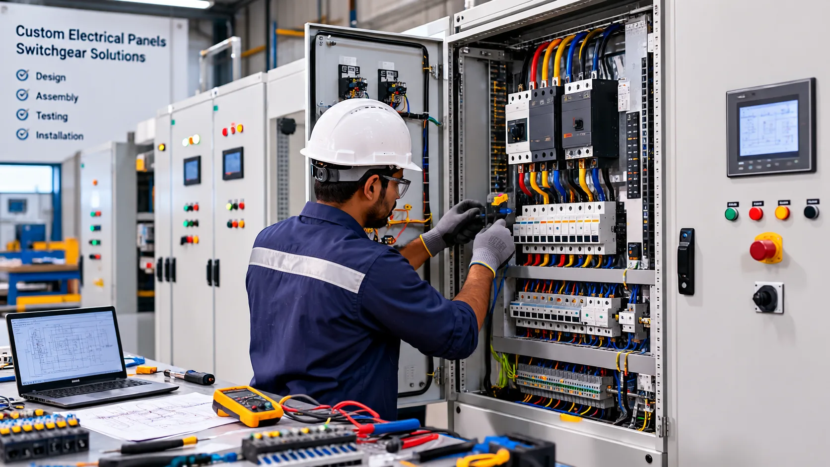 Technician assembling a custom switchgear panel in a workshop