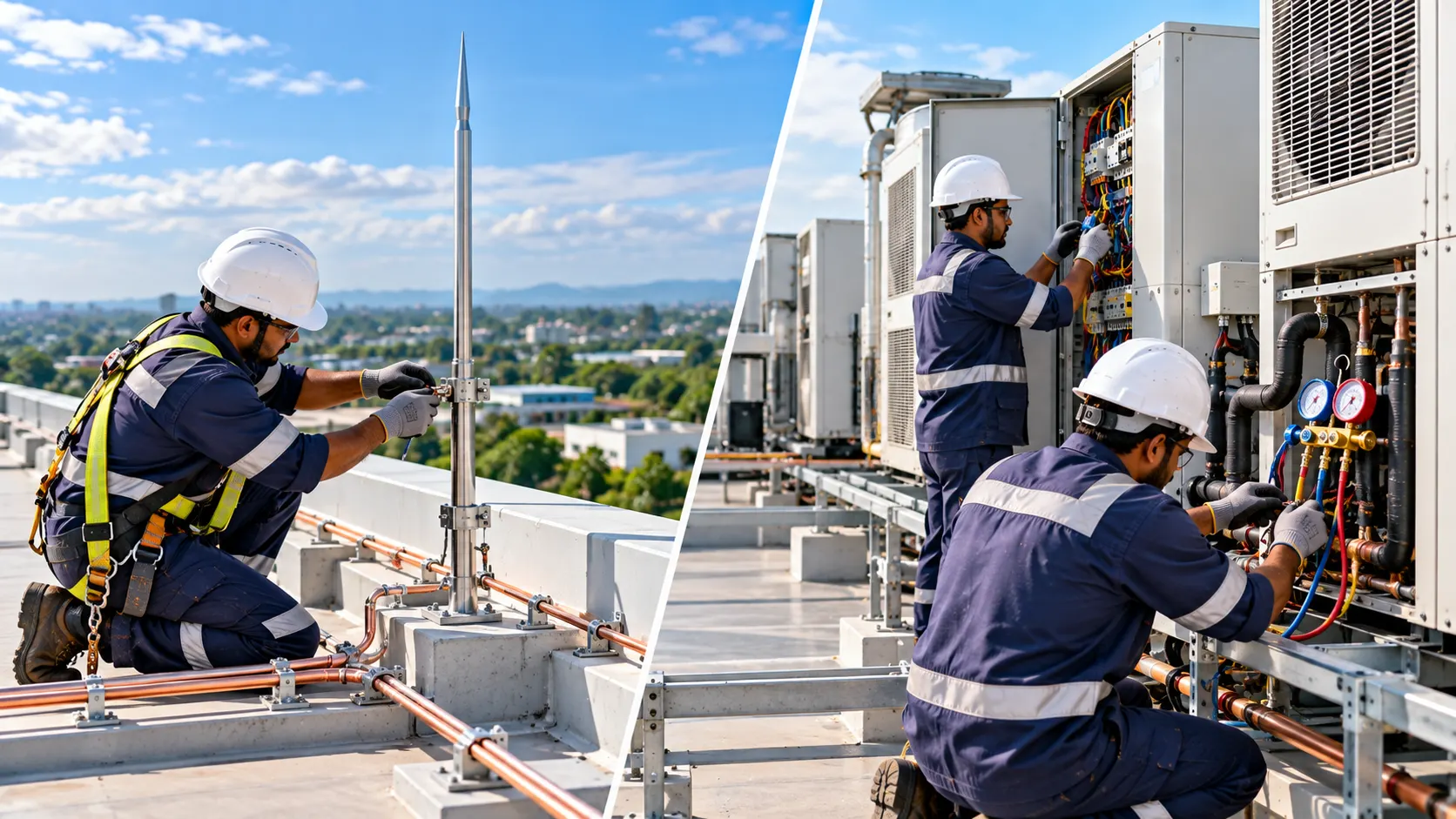 Lightning rod installation beside HVAC maintenance on a rooftop