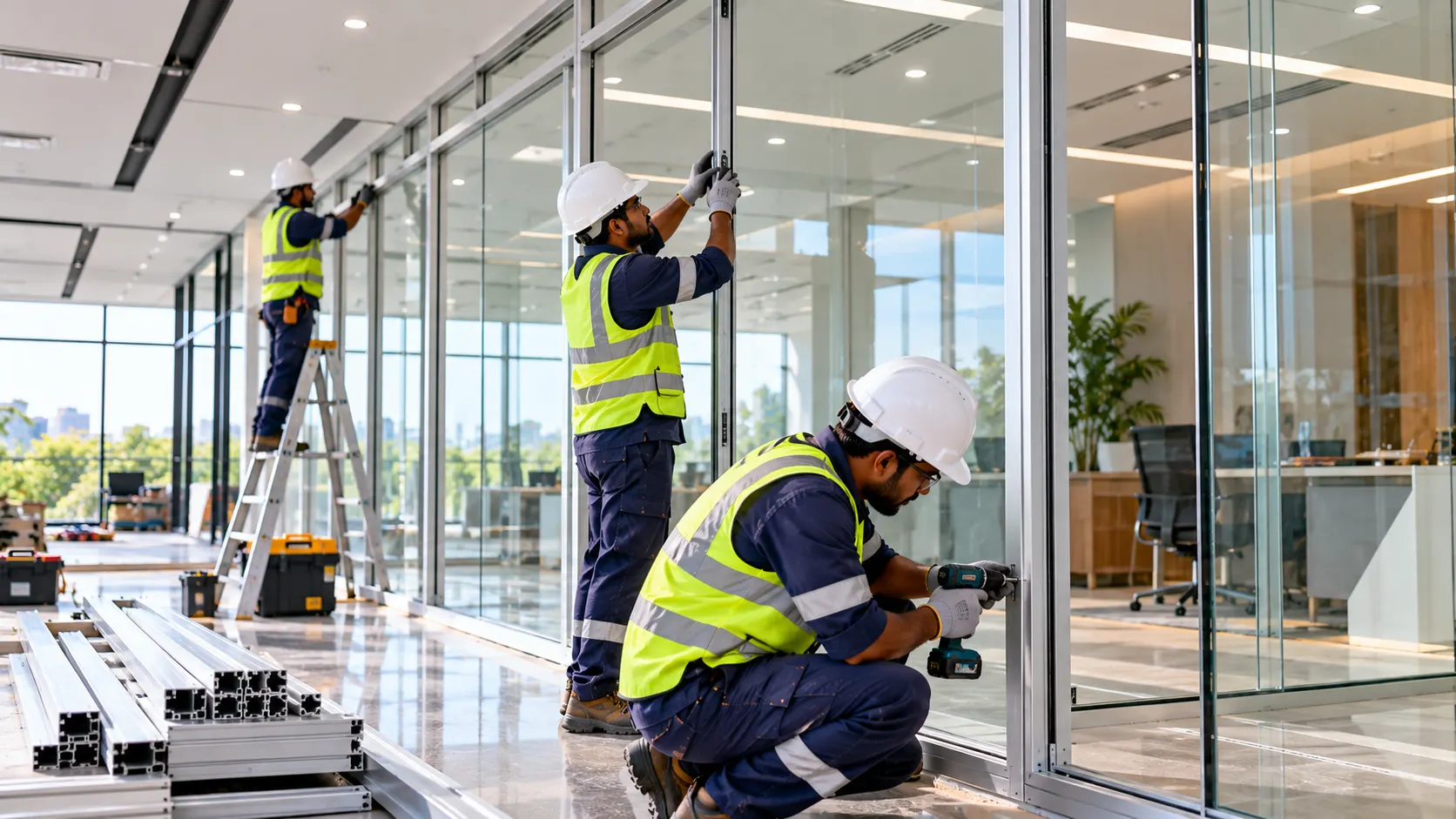 Crew fitting aluminium and glass partitions in an office