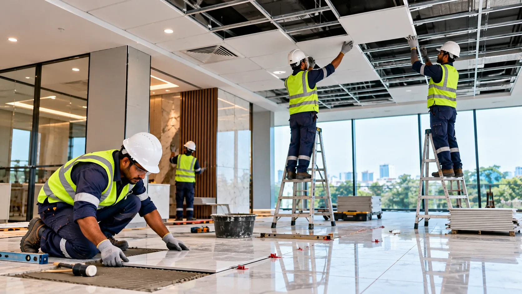 Workers laying floor tiles and fitting a suspended ceiling