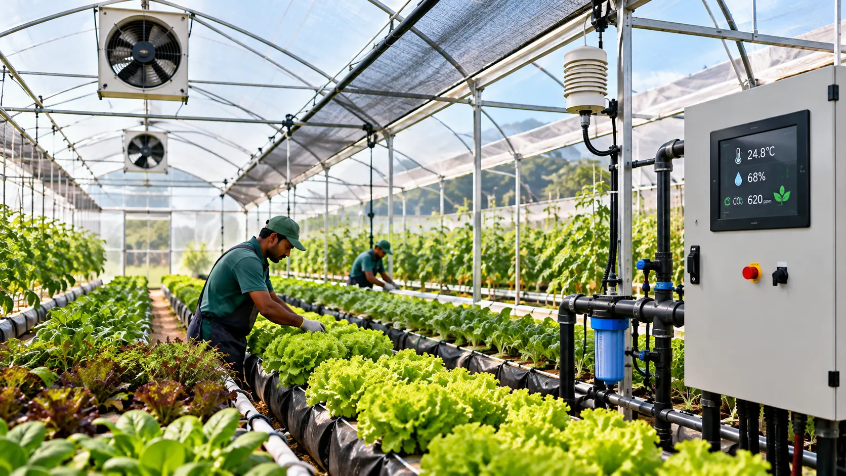 Poly-tunnel with climate controls and rows of lettuce