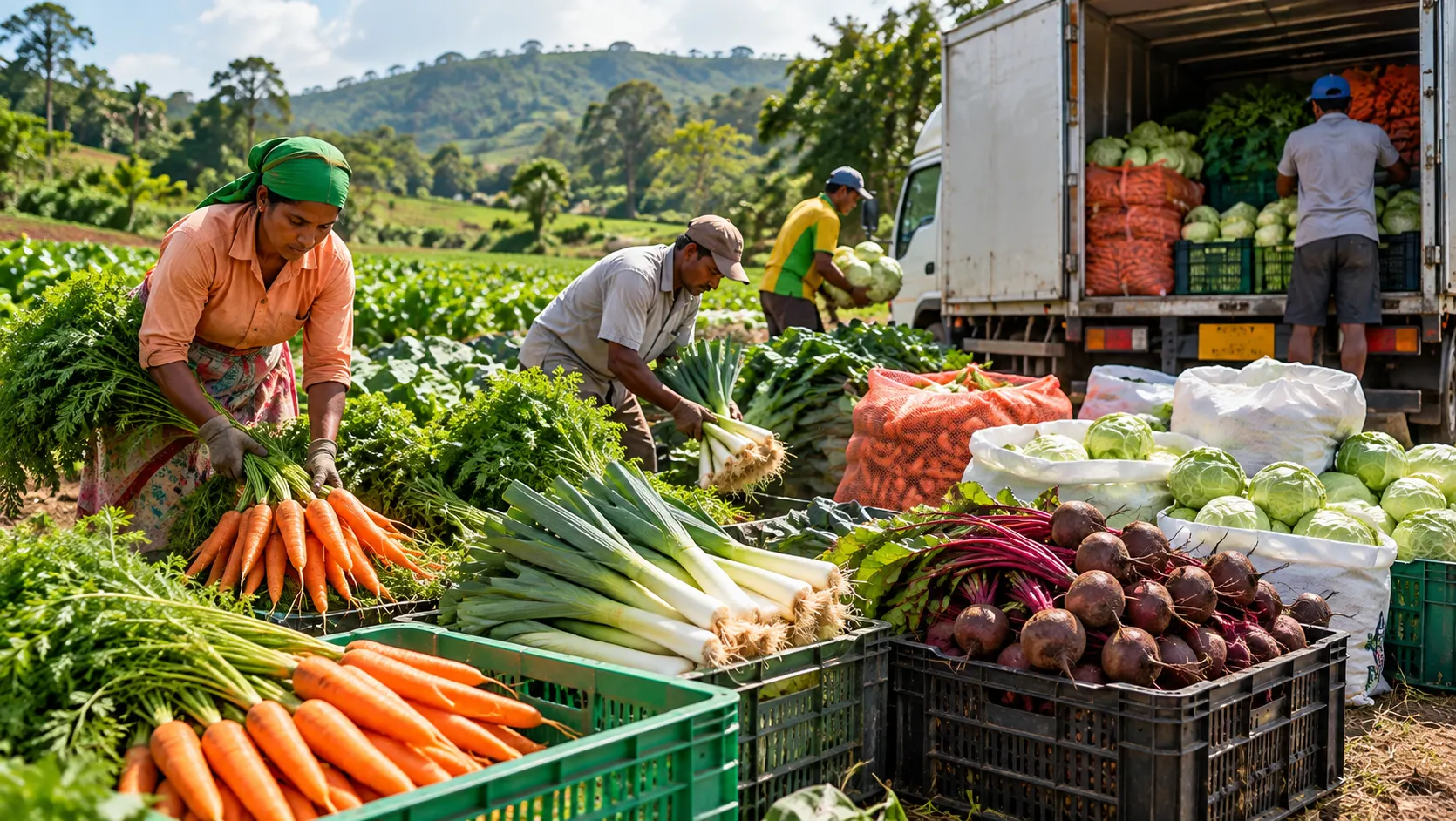 Crates of carrots, leeks, cabbage and beetroot being loaded onto a truck