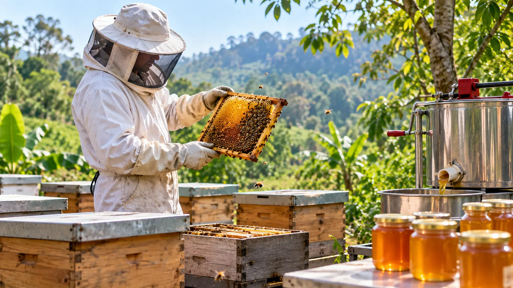 Beekeeper inspecting a honeycomb frame beside jars of honey