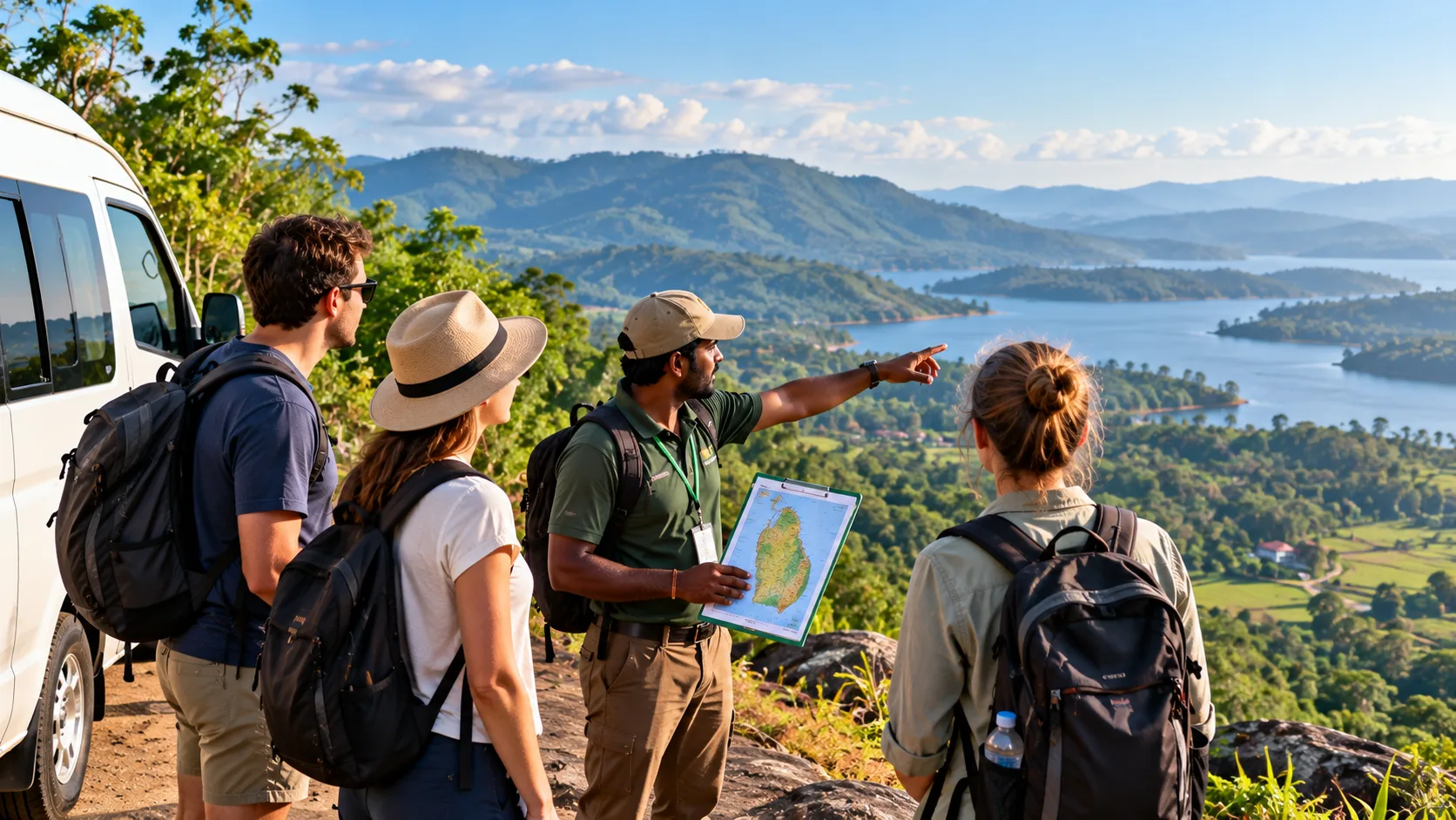 Guide showing a map of Sri Lanka to visitors at a scenic lookout