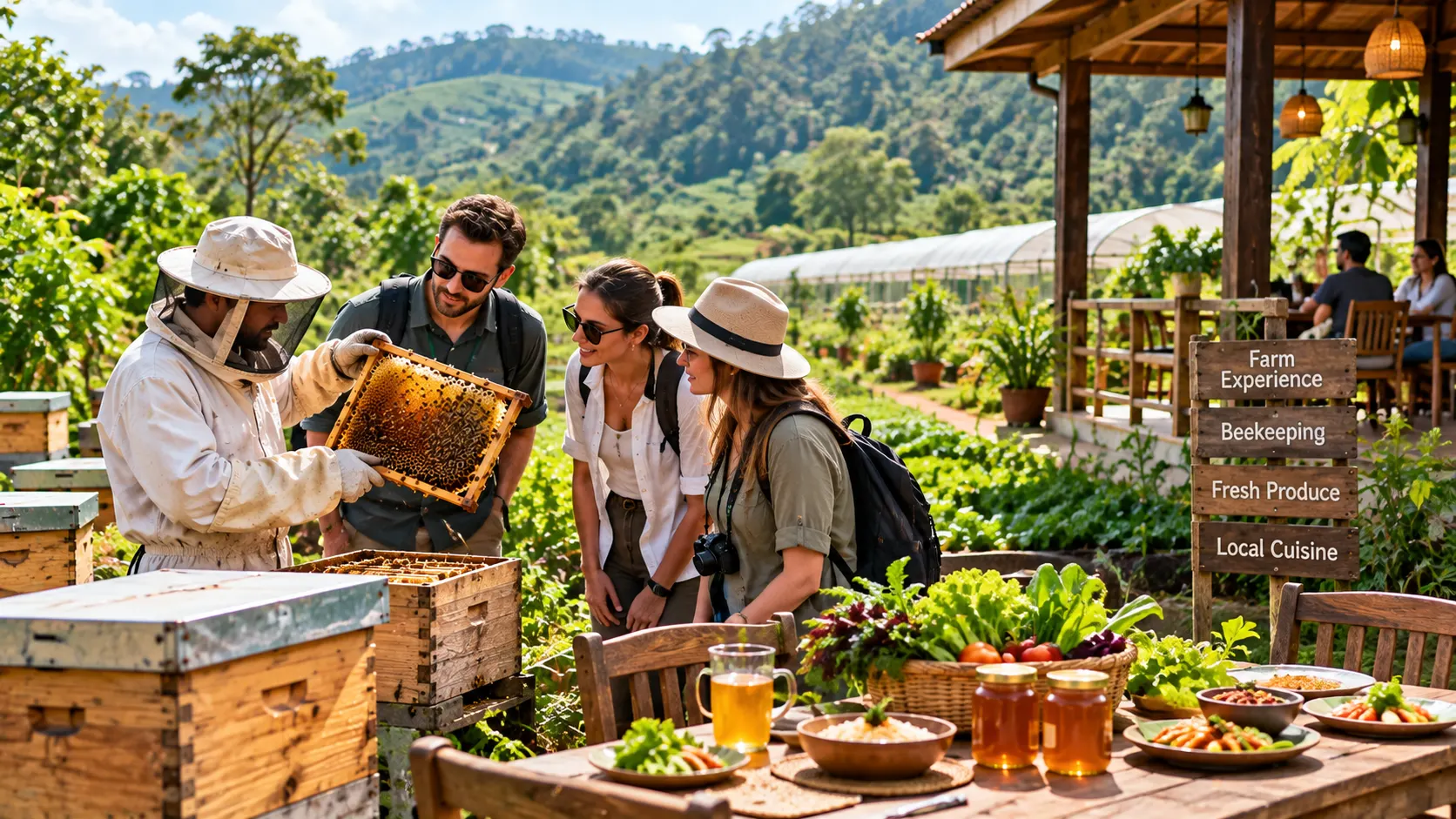 Visitors learning beekeeping at a farm with a farm-to-table spread