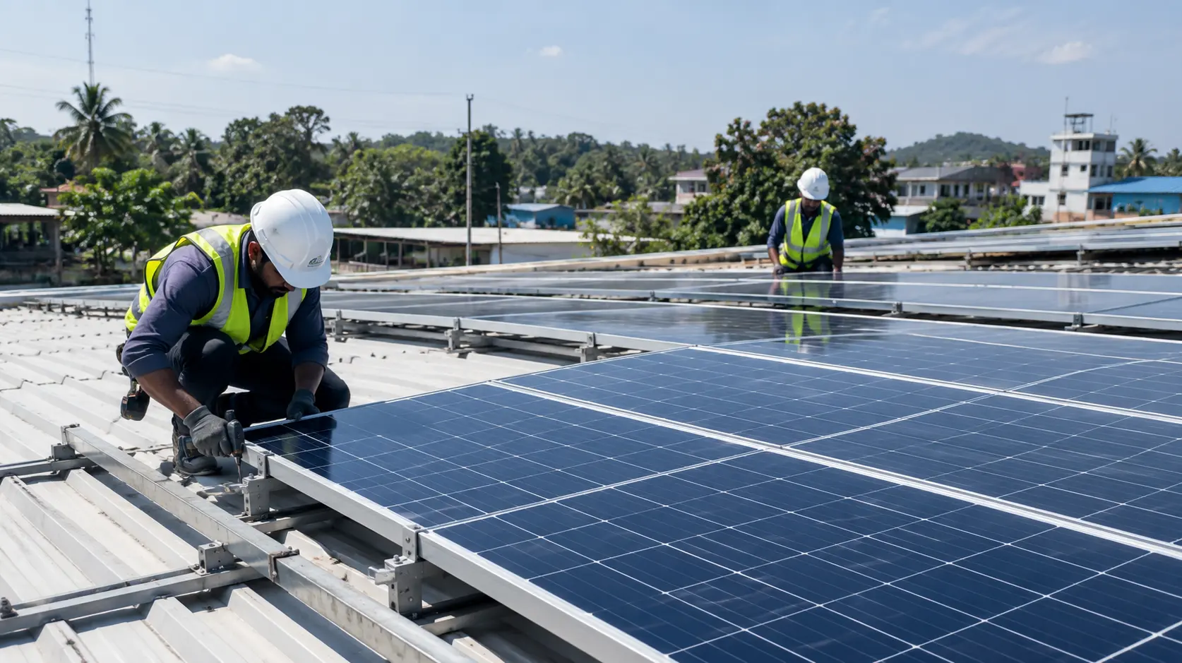 Solar panels and electrical cabinets at sunset