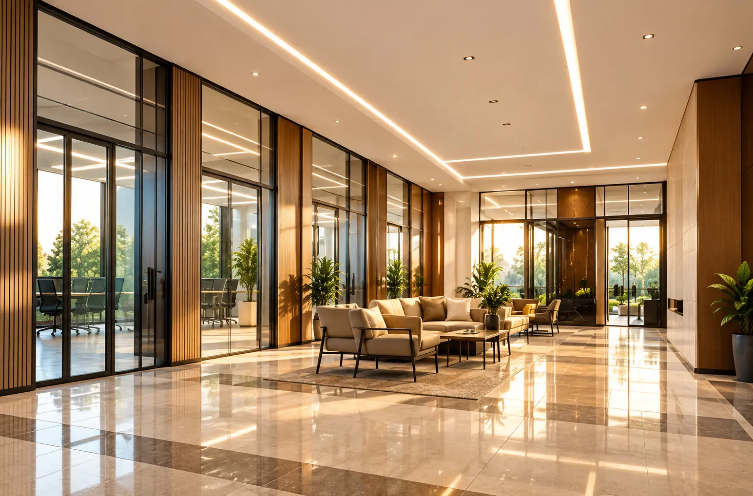 Modern office interior with aluminium partitions and ceiling