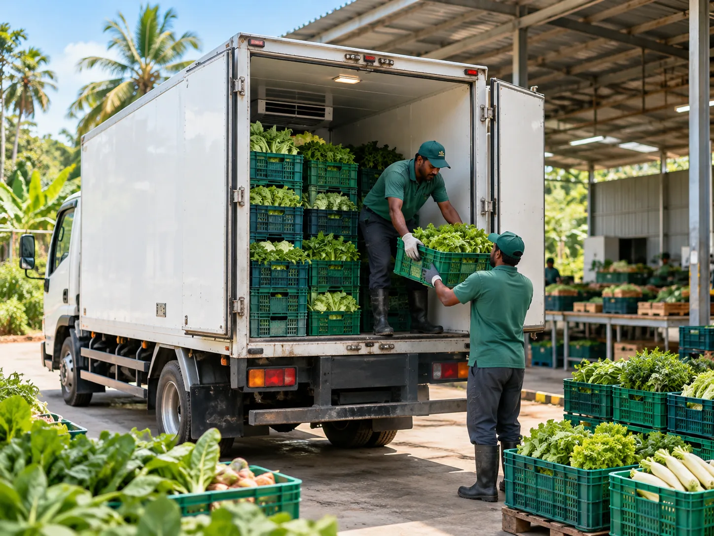 Delivery truck loaded with crates of fresh vegetables