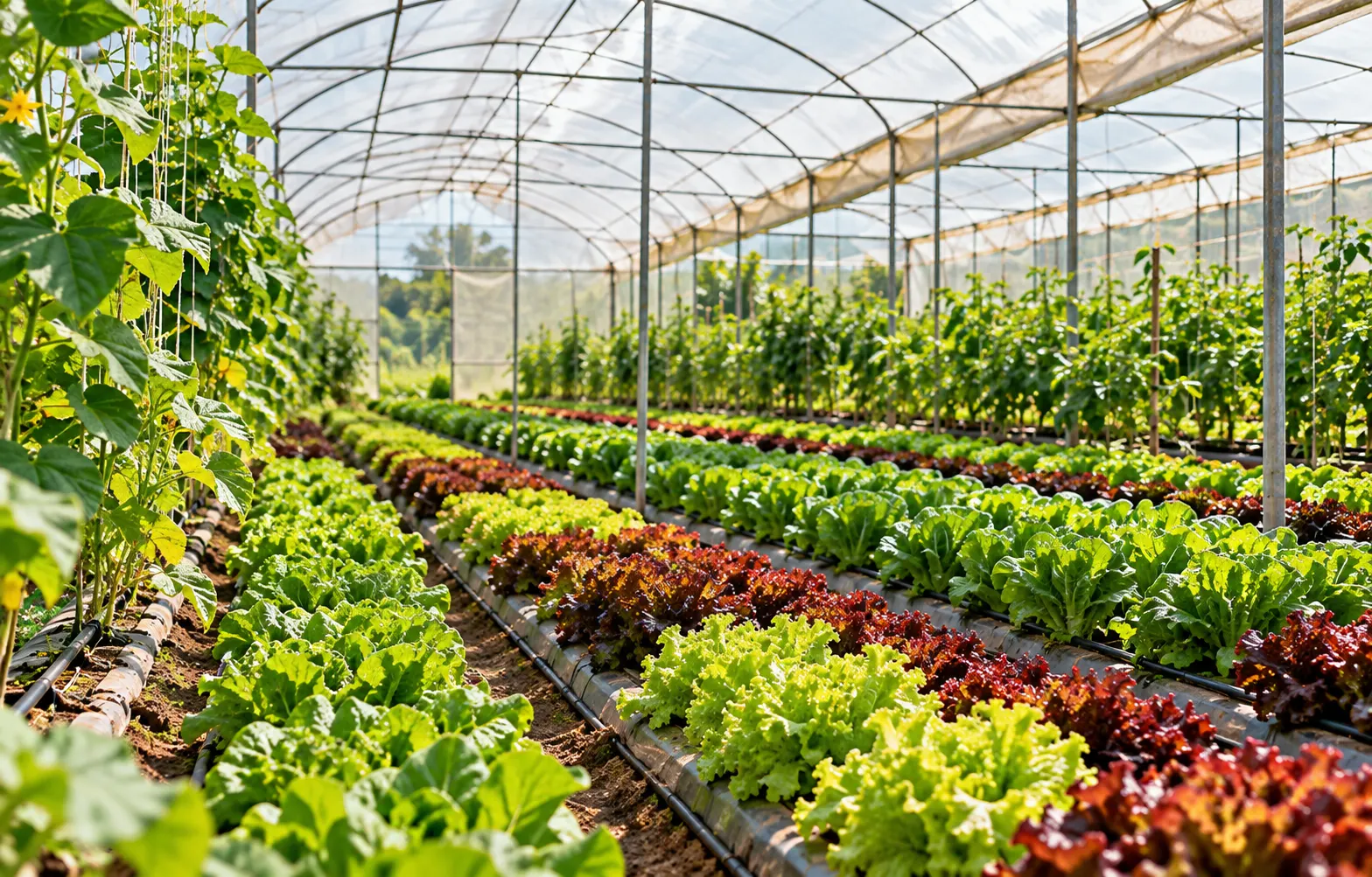 Rows of lettuce growing inside a poly-tunnel