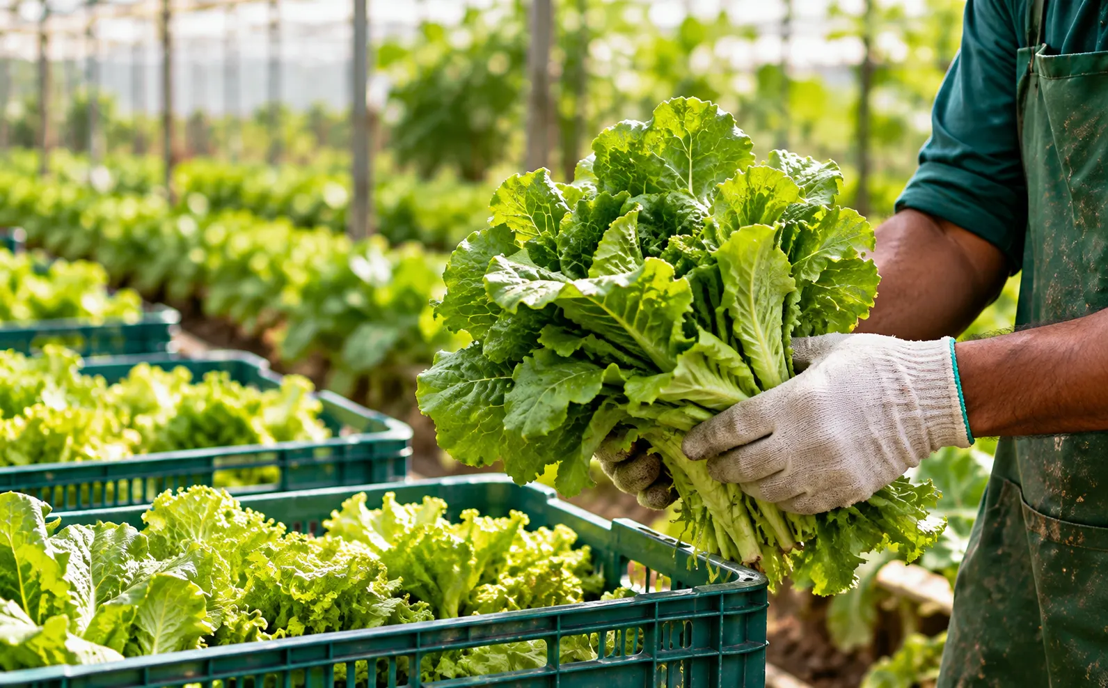 Gloved hands holding freshly harvested green leaves