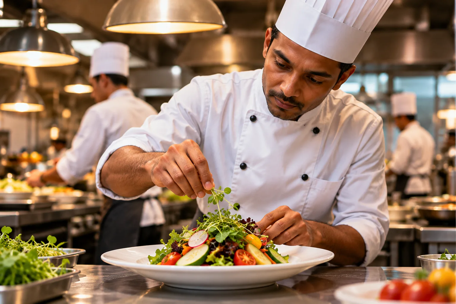 Chef plating a fresh vegetable salad in a hotel kitchen